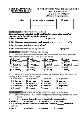 Đề thi Olympic môn Tiếng Anh Lớp 8 - Năm học 2014-2015 - Trường THCS Cự Khê (Có đáp án)